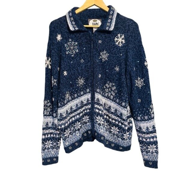 Vintage Tiara International Christmas Sweater Snowflake Embellished Blue Large - Picture 1 of 10